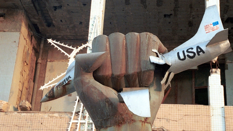 Sculpture in Gaddafi's compound of a golden fist grabbing a US jet fighter