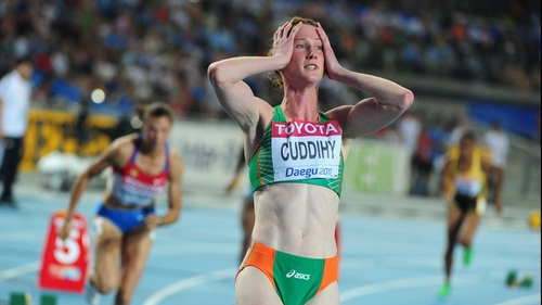 Joanne Cuddihy reacts after the false start that resulted in her disqualification from the 400m semi-final