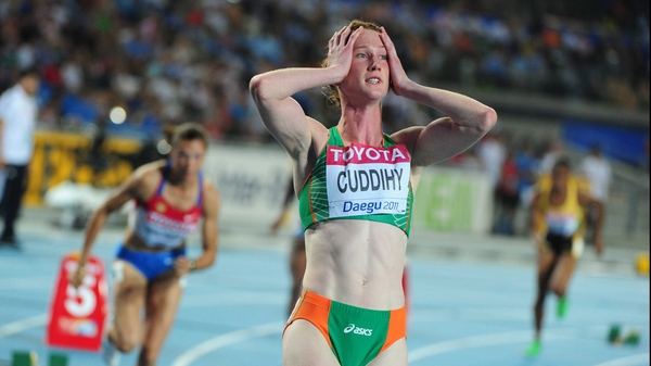 Joanne Cuddihy reacts after the false start that resulted in her disqualification from the 400m semi-final