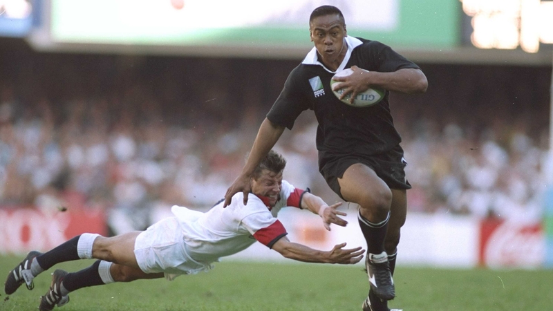 All Blacks legend Jonah Lomu in action in the 1995 Rugby World Cup, where he became a global superstar