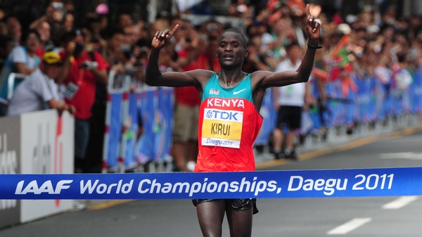 Abel Kirui crosses the line in Daegu