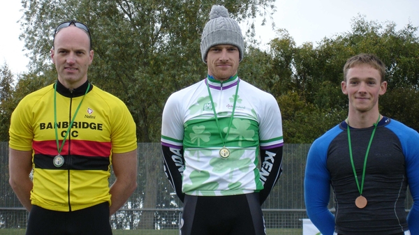 The men's 1,000m time trial podium - Terry Mackin (silver), Martyn Irvine (gold) and Donal Bailey (bronze)