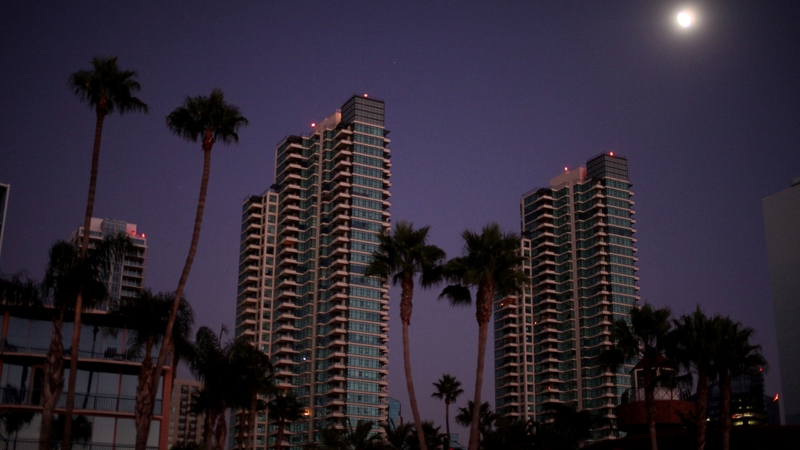 A dark downtown in San Diego, California