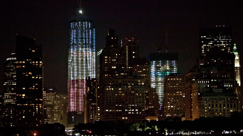 The new Freedom Tower is lit up in patriotic colours