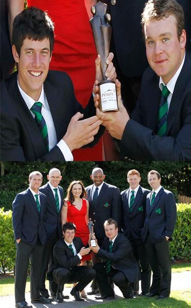 The Ireland cricket team pose with their award and Grainne Seoige