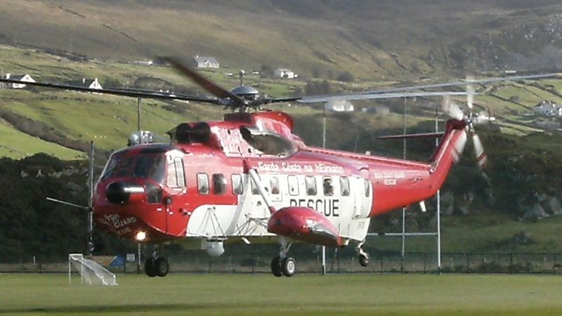 A helicopter from Donegal Mountain rescue landing on Glencolmcille GAA pitch