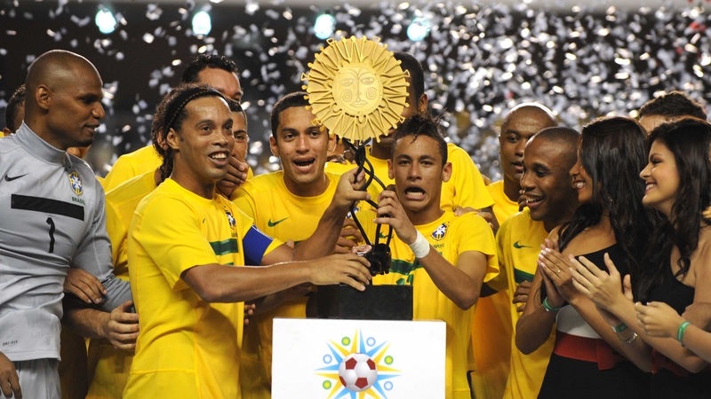 Brazil celebrate their victory over Argentina in the Superclasico de las Americas