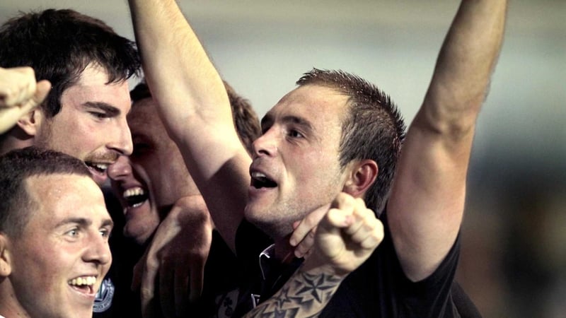 Stephen Rice celebrates the first goal of the game