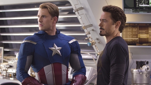 Chris Evans as Captain America and Robert Downey Jr. as Tony Stark/Iron Man in The Avengers