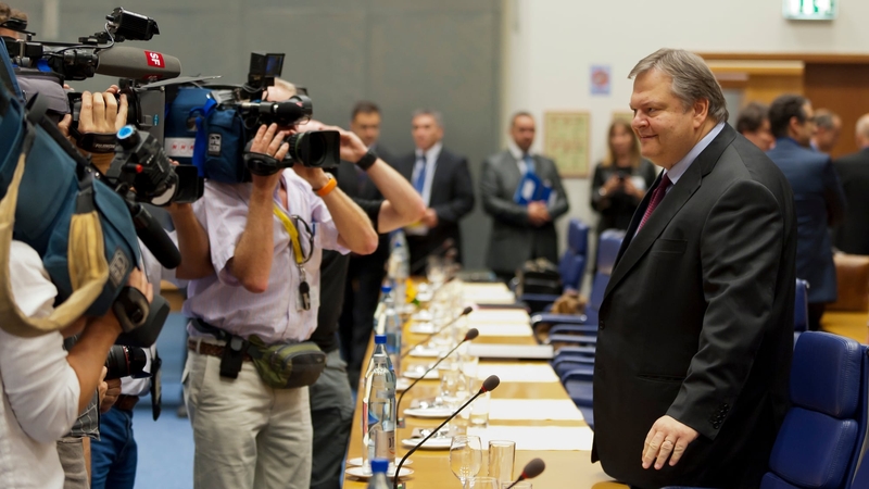 Greek Finance Minister Evangelos Venizelos arrives for the meeting in Luxembourg yesterday