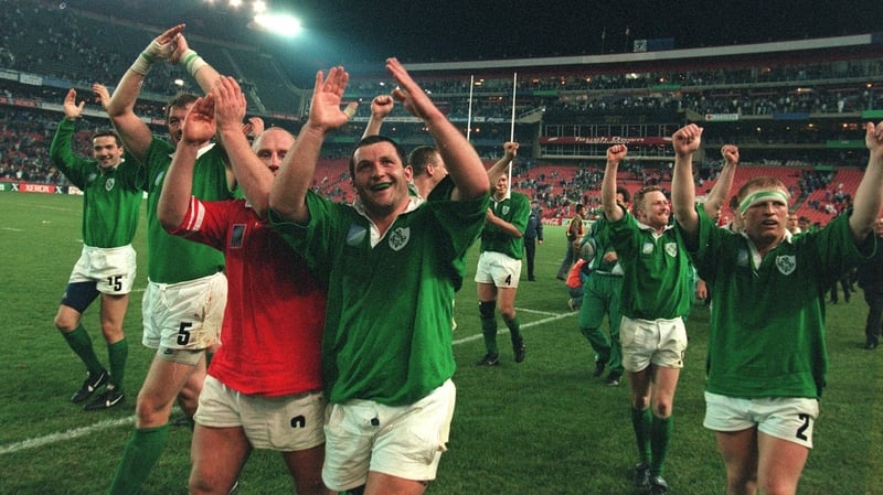Ireland celebrate their victory over Wales in the 1995 Rugby World Cup
