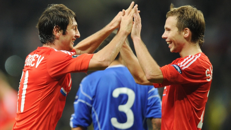 Russia's Alan Dzagoev (L) - Celebrates his goal against Andorra