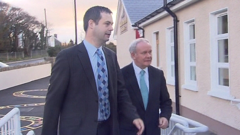 Martin McGuinness, who is unable to vote, accompanied party colleague Pearse Doherty to the polling station in Bunbeg in Donegal