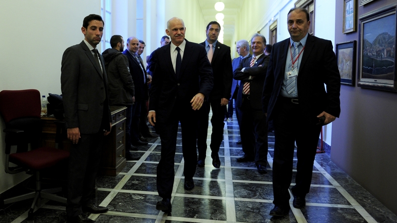 George Papandreou arriving for an emergency cabinet meeting this morning