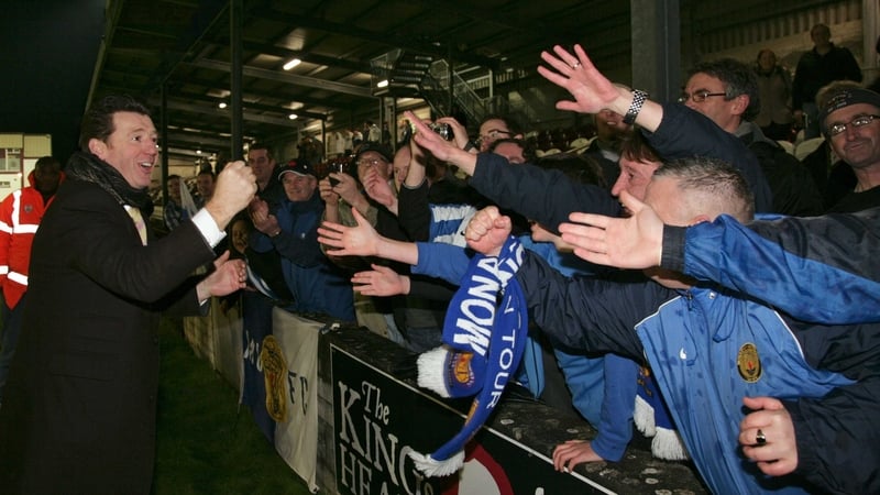 Roddy Collins celebrates with the Monaghan United fans