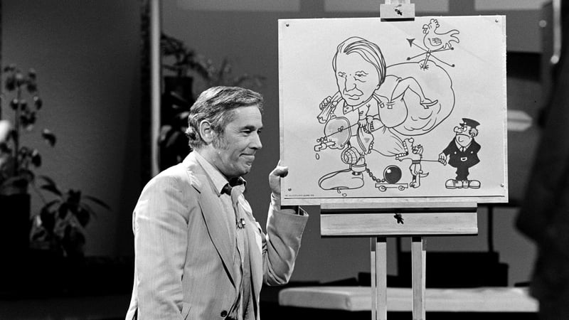 Terry Willers with a cartoon of Charles Haughey on 'The Live Mike' in January 1981