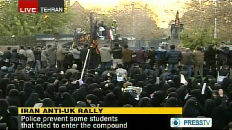 State television showed footage of the rally outside the British embassy