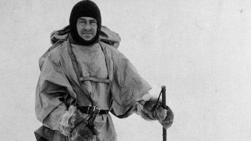 British explorer Robert Falcon Scott (1868 - 1912) on skis during his doomed expedition to the Antarctic, circa 1912