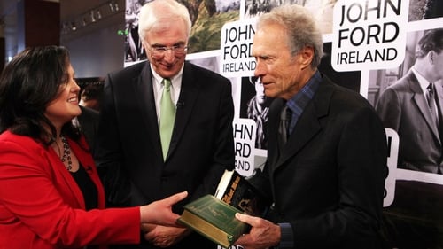 Áine Moriarty, Chief Executive of the Irish Film &amp; Television Academy, and Michael Collins, Irish Ambassador to the US, present the John Ford Award to Clint Eastwood