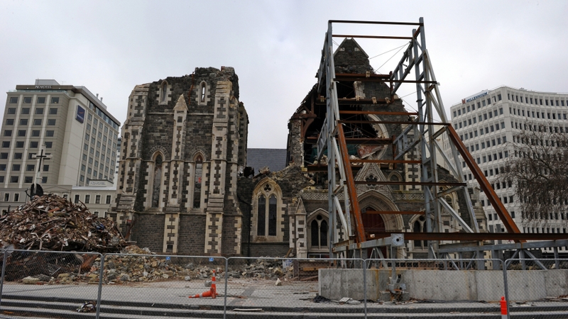 The ruins of the city's famous cathedral toppled by the 6.3 quake in February
