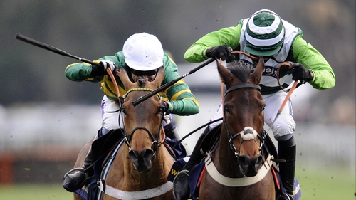 Christmas Hurdle battle - Tony McCoy and Ruby Walsh battled all the way up the home straight on Binocular (l) and Rock On Ruby (r)