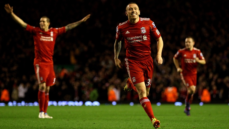 Craig Bellamy celebrates scoring his second goal at Anfield