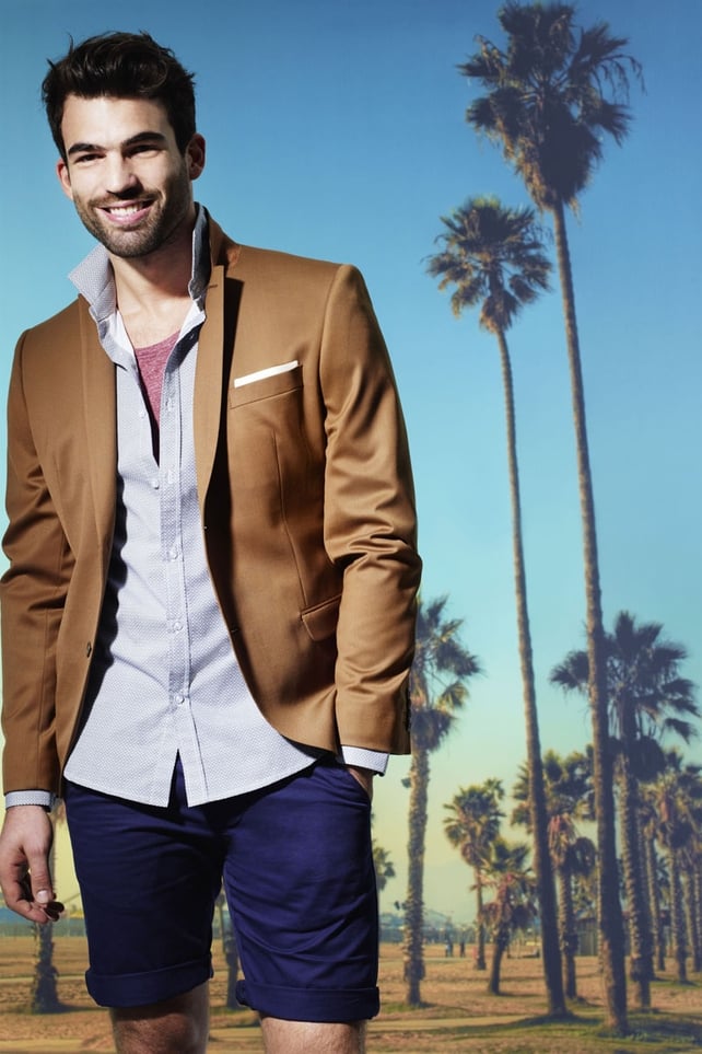 Blazer €49.99, shirt €17.99, burgundy vest €11.99, chino shorts €17.99