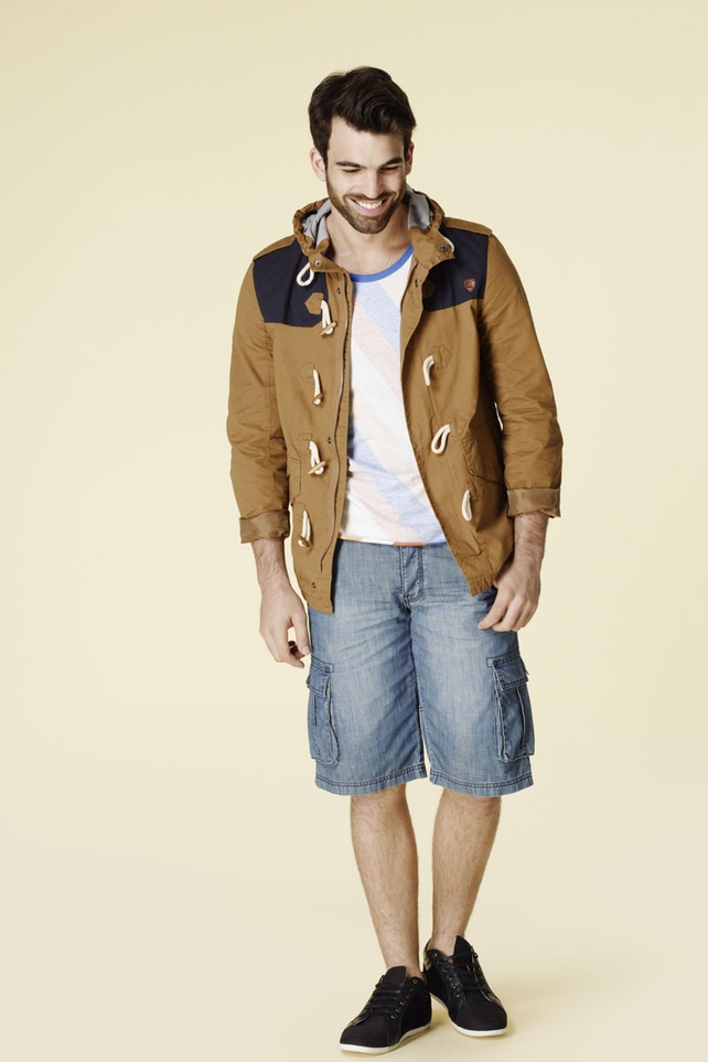 Jacket €44.99, t-shirt €14.99, combat shorts €29.99, trainers €29.99