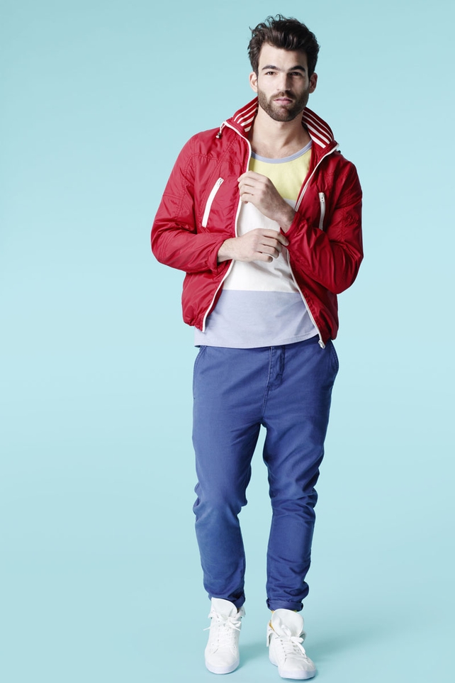 Varsity jacket €34.99, vest €11.99, chinos €24.99, high tops €22.99