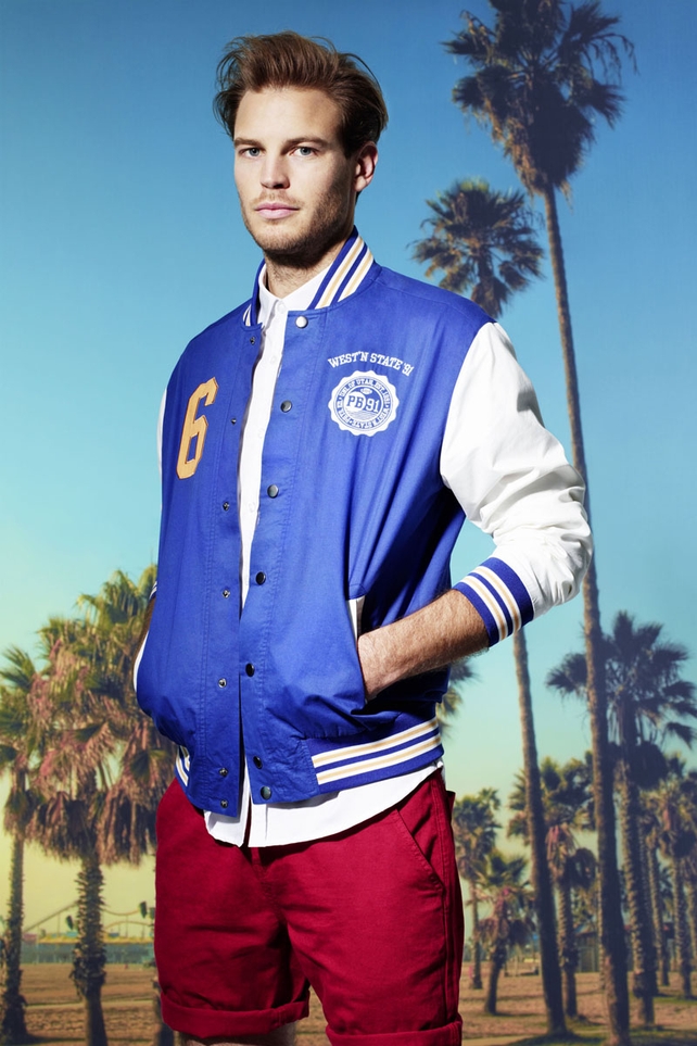 Varsity jacket €34.99, shirt €17.99, chino shorts €17.99