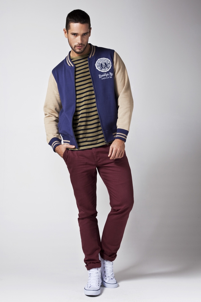 Baseball jacket €15, t-shirt €8, chino €12, high tops €9