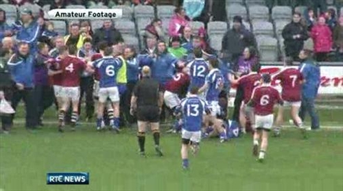 A melee took place near the sideline between the Dromid Pearses (maroon) and Derrytresk (blue) players