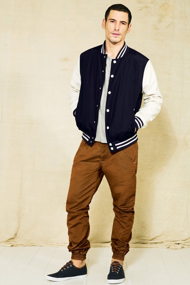 Varsity jackets provide lightweight warmth while chinos are everywhere this spring!