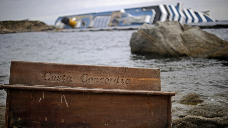 A bench from the cruise liner Costa Concordia lying aground on the island of Giglio