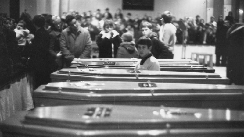 Coffins of the 13 civilians shot dead by British Paratroopers on Bloody Sunday lined up for the funeral at St Mary's church in Derry