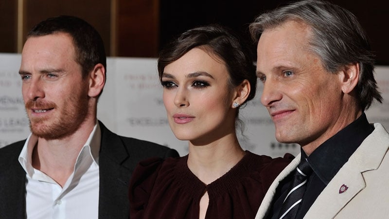 Michael Fassbender, Keira Knightley and Viggo Mortensen in London last night.