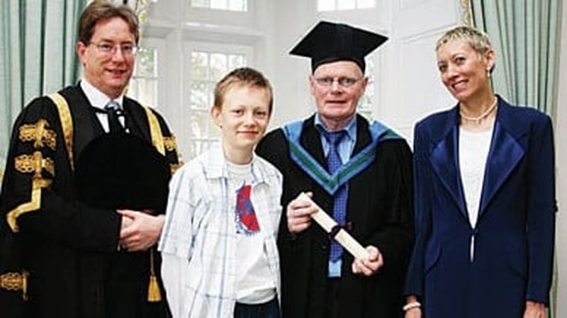 Eamon ‘Chick' Deacy at his conferral in NUI Galway 2009. He is accompanied by his wife Mary O'Connor, son Jake and NUIG President Jim Browne