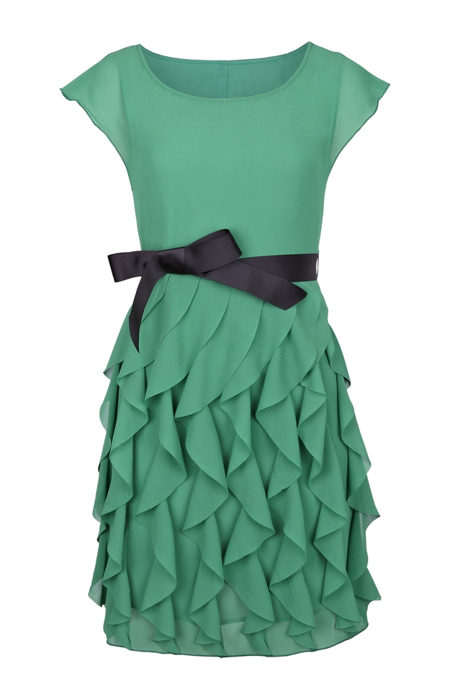 Green Frill Dress with Bow Belt Detail €50 by Fashion Union