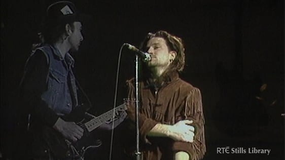 Bono on stage during 'Self Aid' (1986) © RTÉ Stills Library 3036-044