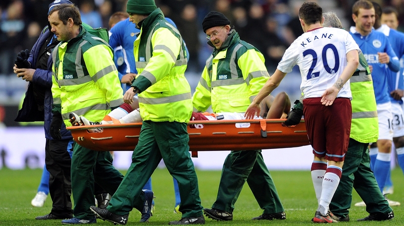 Darren Bent is stretchered off at the DW Stadium