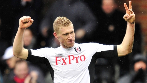 Fulham's Russian striker Pavel Pogrebnyak celebrates his hat-trick at Craven Cottage