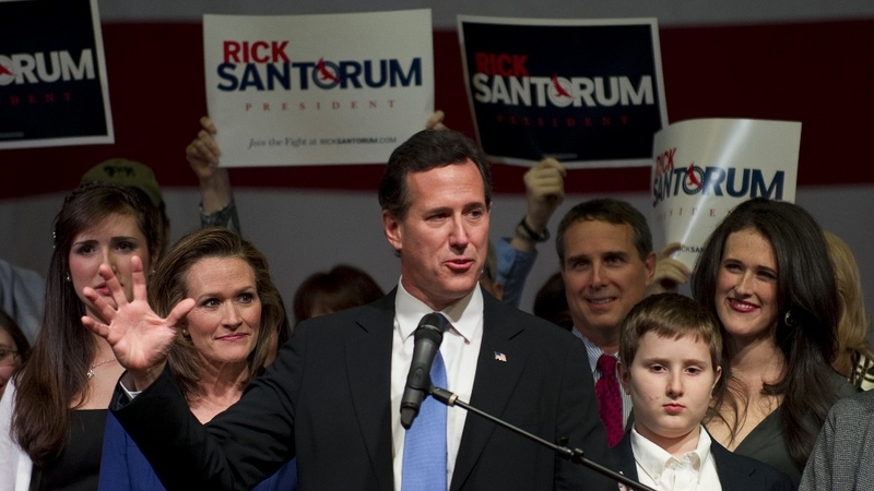 Rick Santorum addresses an election night party in Steubenville, Ohio