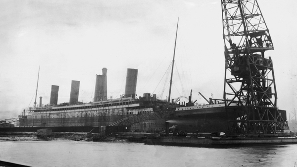 The liner Titanic in dry dock at the Harland and Wolff shipyard, Belfast in February 1912