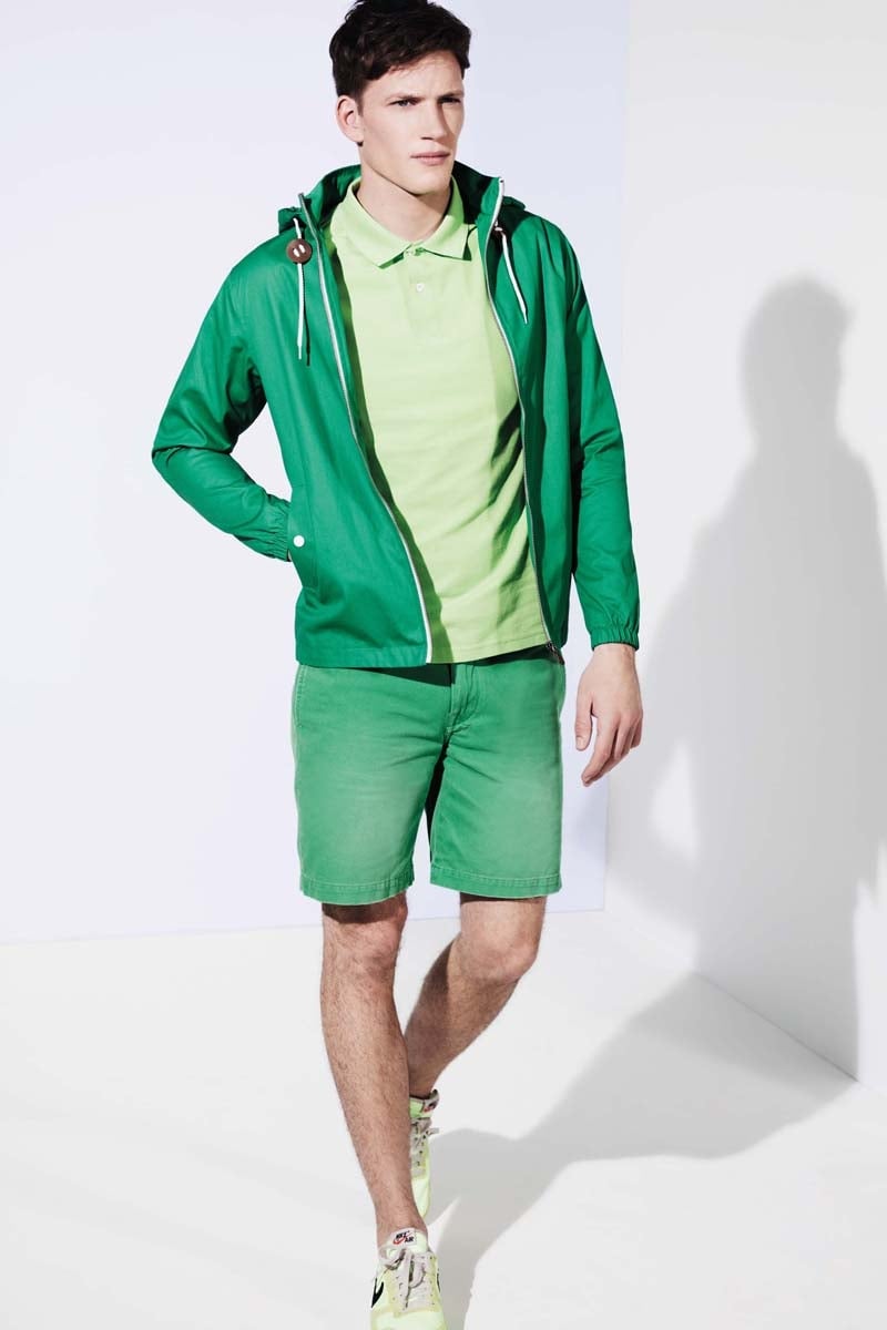 Forest green hooded jacket €126 Farah, Citrus polo shirt €66 Lyle & Scott, Green slim fit shorts €100 Polo Ralph Lauren, Fluorescent running shoes Nike
