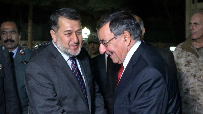 Leon Panetta chats with Afghanistan's Minister of Interior General Bismillah Khan Mohammadi
