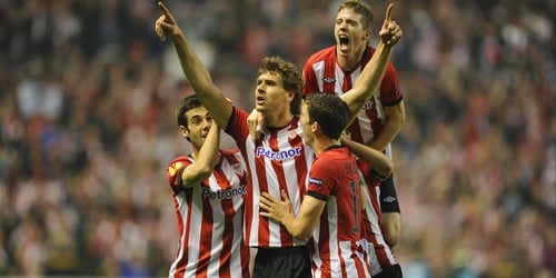 Fernando Llorente celebrates Athletic Bilbao's opener as Manchester United were knocked out of the Europa League