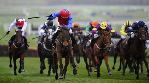 Quevega (blue sleeves) may face World Hurdle runner-up Voler La Vedette at Punchestown