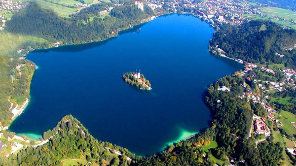 An aerial view of Lake Bled
