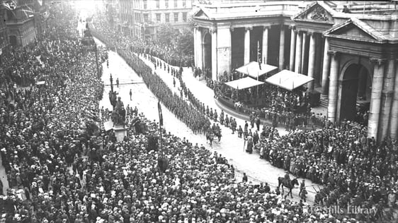 A victory parade through College Green, Dublin marking the end of the First World War.
© RTÉ Stills…