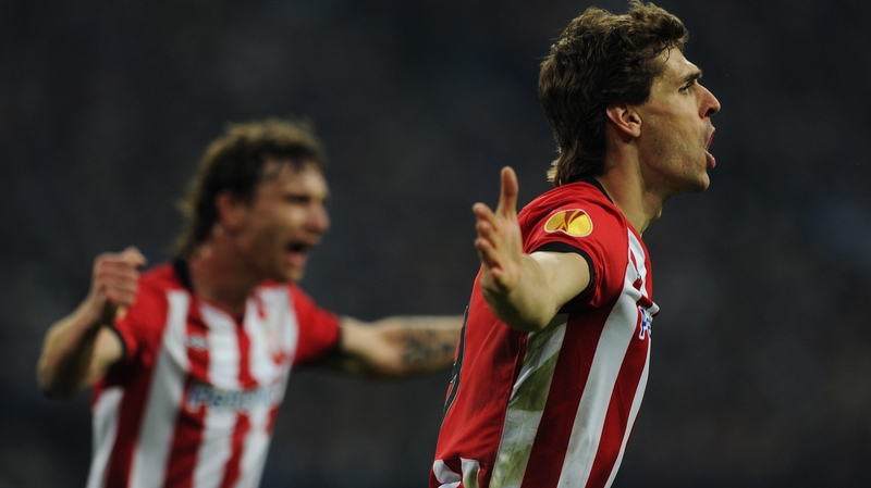 Athletic Bilbao striker Fernando Llorente celebrates an away goal in Germany